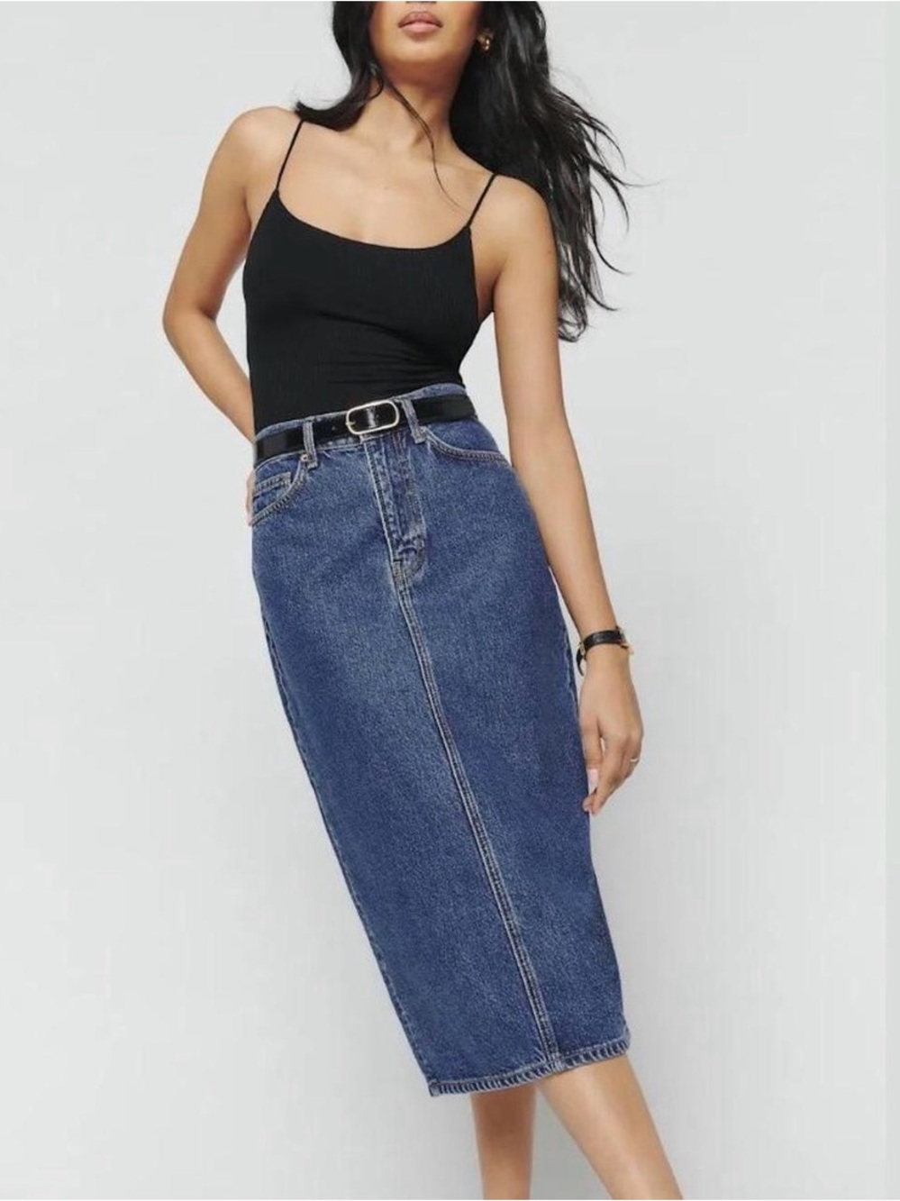Reformation Jayde High-Rise Denim Midi Skirt 24
